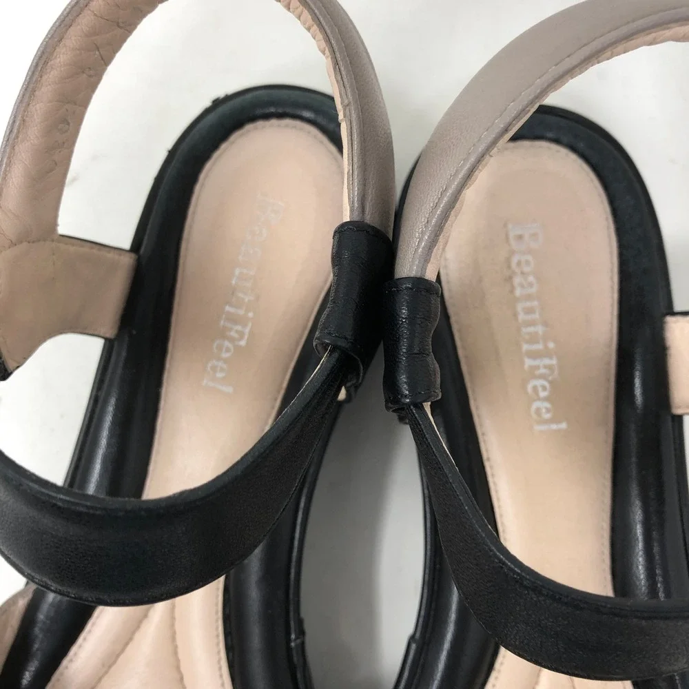 BeautiFeel Womens Size 37 Jo Platform Sandals Black Beige Buckle Strap Comfort